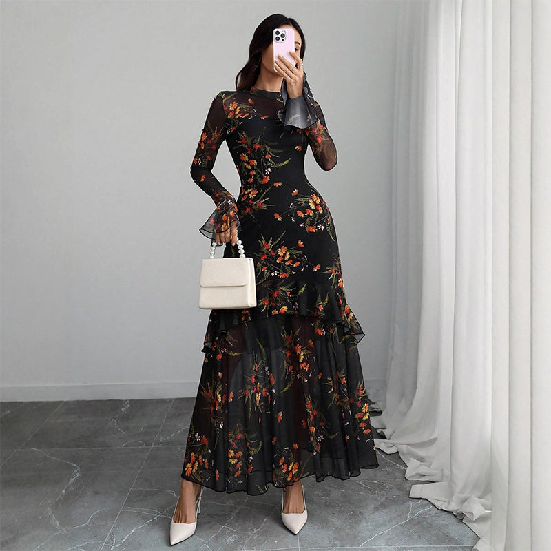 🌞Frühlingserwachen: 50% Rabatt!✨ Damen Maxikleid mit Blumenprint, transparentem Mesh & Rüschensaum – Bodycon-Passform für Gala & Abendveranstaltungen