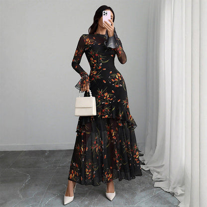 🌞Frühlingserwachen: 50% Rabatt!✨ Damen Maxikleid mit Blumenprint, transparentem Mesh & Rüschensaum – Bodycon-Passform für Gala & Abendveranstaltungen