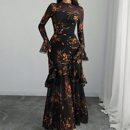 🌞Frühlingserwachen: 50% Rabatt!✨ Damen Maxikleid mit Blumenprint, transparentem Mesh & Rüschensaum – Bodycon-Passform für Gala & Abendveranstaltungen