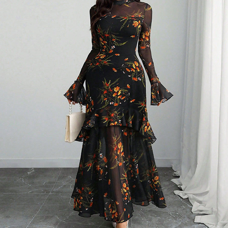 🌞Frühlingserwachen: 50% Rabatt!✨ Damen Maxikleid mit Blumenprint, transparentem Mesh & Rüschensaum – Bodycon-Passform für Gala & Abendveranstaltungen