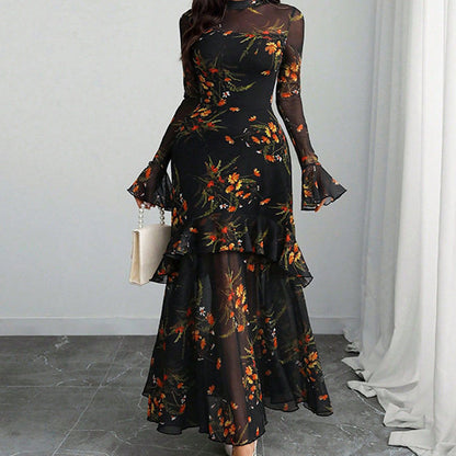 🌞Frühlingserwachen: 50% Rabatt!✨ Damen Maxikleid mit Blumenprint, transparentem Mesh & Rüschensaum – Bodycon-Passform für Gala & Abendveranstaltungen