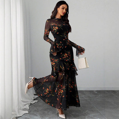 🌞Frühlingserwachen: 50% Rabatt!✨ Damen Maxikleid mit Blumenprint, transparentem Mesh & Rüschensaum – Bodycon-Passform für Gala & Abendveranstaltungen