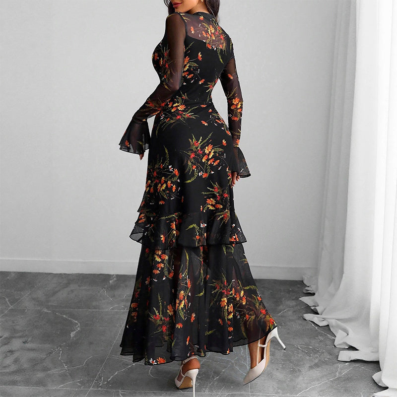 🌞Frühlingserwachen: 50% Rabatt!✨ Damen Maxikleid mit Blumenprint, transparentem Mesh & Rüschensaum – Bodycon-Passform für Gala & Abendveranstaltungen