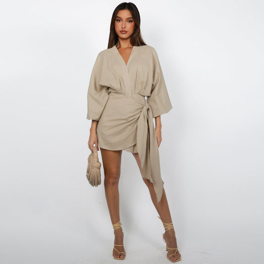 🌞Frühlingserwachen: 50% Rabatt!🔥 Damen Wickelkleid mit V-Ausschnitt & Kimono-Ärmeln – Figurbetontes Knotendetail, atmungsaktiv & vielseitig kombinierbar