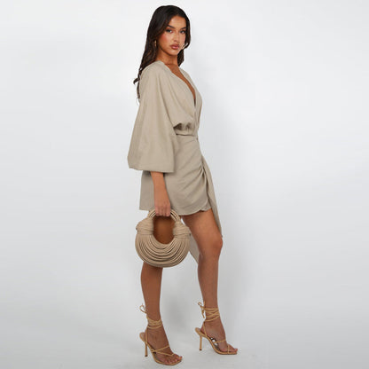 🌞Frühlingserwachen: 50% Rabatt!🔥 Damen Wickelkleid mit V-Ausschnitt & Kimono-Ärmeln – Figurbetontes Knotendetail, atmungsaktiv & vielseitig kombinierbar