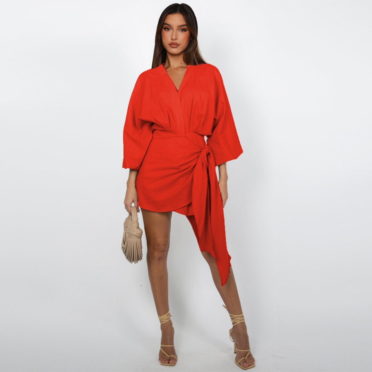 🌞Frühlingserwachen: 50% Rabatt!🔥 Damen Wickelkleid mit V-Ausschnitt & Kimono-Ärmeln – Figurbetontes Knotendetail, atmungsaktiv & vielseitig kombinierbar