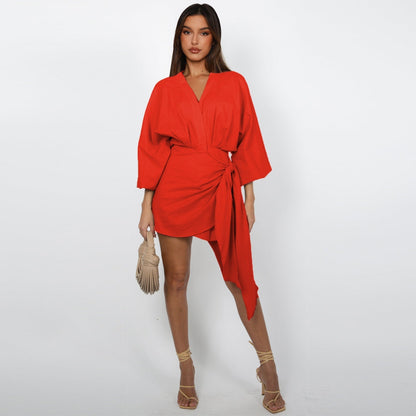 🌞Frühlingserwachen: 50% Rabatt!🔥 Damen Wickelkleid mit V-Ausschnitt & Kimono-Ärmeln – Figurbetontes Knotendetail, atmungsaktiv & vielseitig kombinierbar