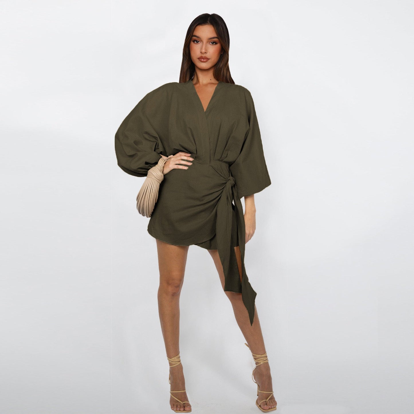 🌞Frühlingserwachen: 50% Rabatt!🔥 Damen Wickelkleid mit V-Ausschnitt & Kimono-Ärmeln – Figurbetontes Knotendetail, atmungsaktiv & vielseitig kombinierbar