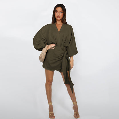 🌞Frühlingserwachen: 50% Rabatt!🔥 Damen Wickelkleid mit V-Ausschnitt & Kimono-Ärmeln – Figurbetontes Knotendetail, atmungsaktiv & vielseitig kombinierbar