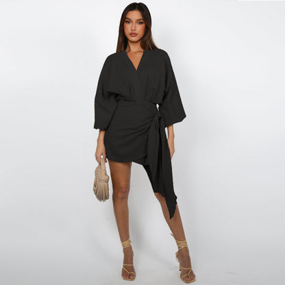 🌞Frühlingserwachen: 50% Rabatt!🔥 Damen Wickelkleid mit V-Ausschnitt & Kimono-Ärmeln – Figurbetontes Knotendetail, atmungsaktiv & vielseitig kombinierbar