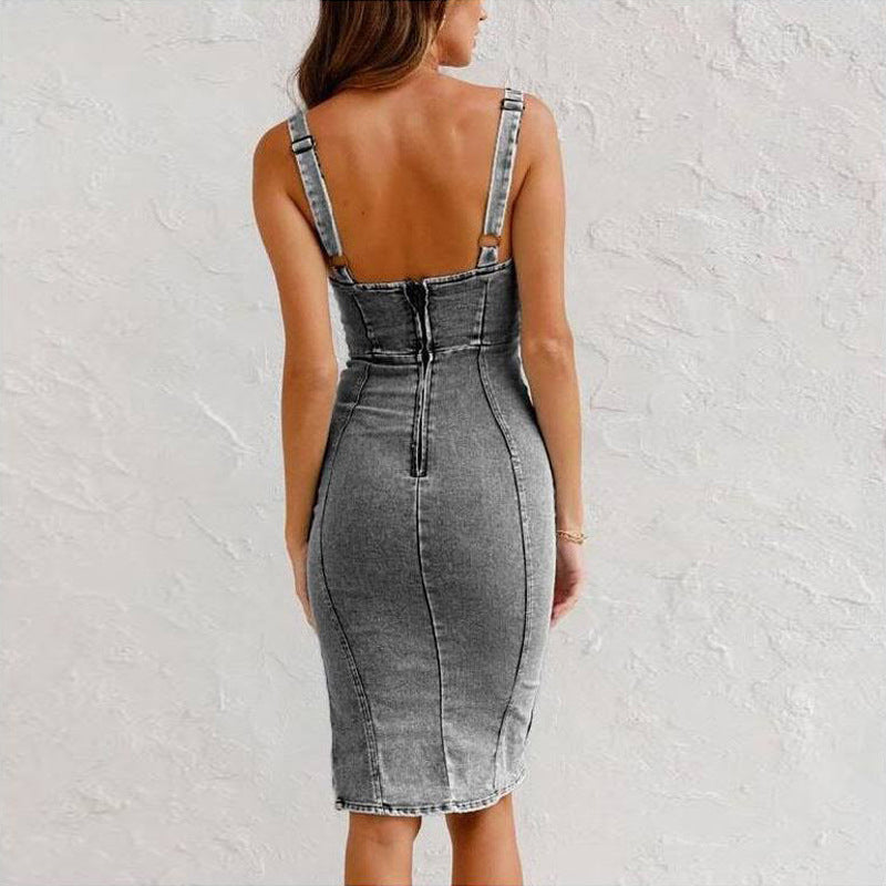 🌞Frühlingserwachen: 50% Rabatt!👗 Damen Denim U-Ausschnitt Neckholder-Kleid mit Schlitz & verstellbaren Trägern – Sexy, figurbetont & vielseitig für Sommer