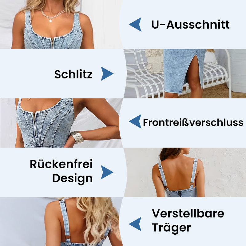 🌞Frühlingserwachen: 50% Rabatt!👗 Damen Denim U-Ausschnitt Neckholder-Kleid mit Schlitz & verstellbaren Trägern – Sexy, figurbetont & vielseitig für Sommer