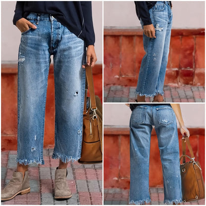 🌞Frühlingserwachen: 50% Rabatt!✨Damen Retro Cropped Straight-Leg Jeans – Mit Riss-Design & Fransen-Saum, Zeitloser Denim-Blau für Streetstyle
