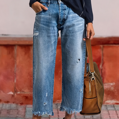🌞Frühlingserwachen: 50% Rabatt!✨Damen Retro Cropped Straight-Leg Jeans – Mit Riss-Design & Fransen-Saum, Zeitloser Denim-Blau für Streetstyle