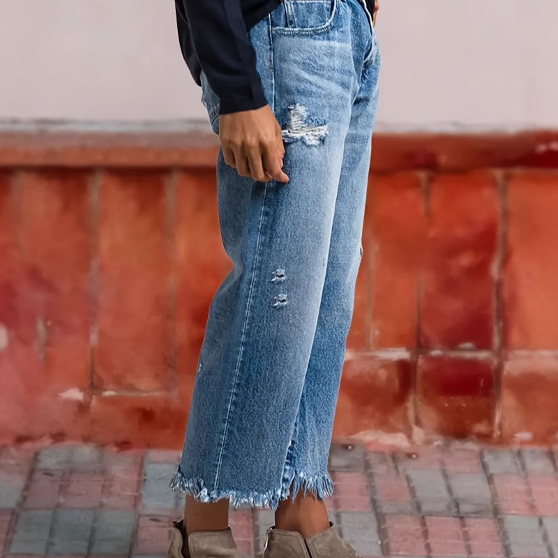 🌞Frühlingserwachen: 50% Rabatt!✨Damen Retro Cropped Straight-Leg Jeans – Mit Riss-Design & Fransen-Saum, Zeitloser Denim-Blau für Streetstyle