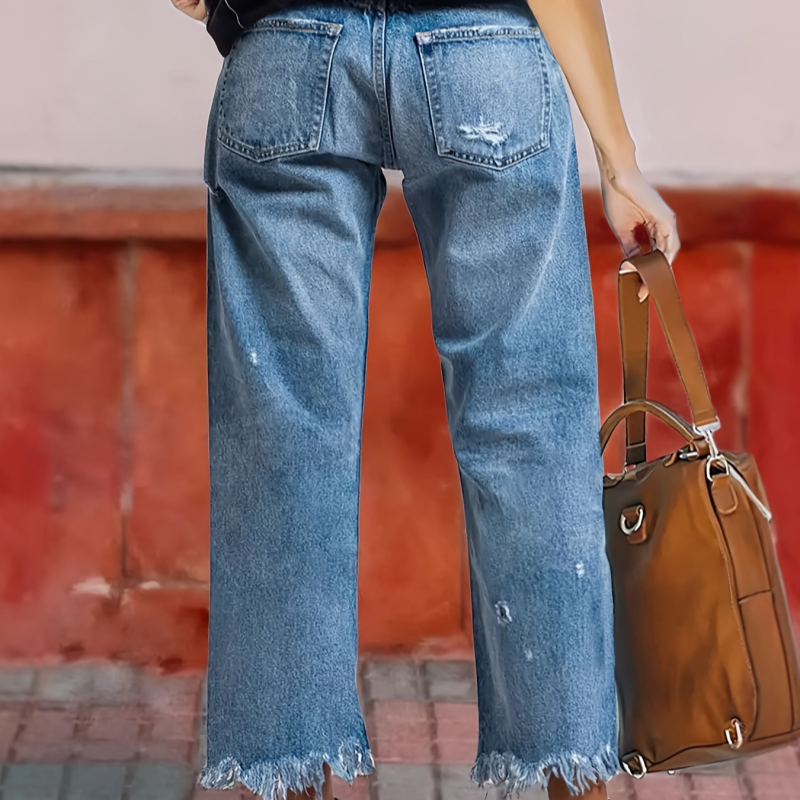 🌞Frühlingserwachen: 50% Rabatt!✨Damen Retro Cropped Straight-Leg Jeans – Mit Riss-Design & Fransen-Saum, Zeitloser Denim-Blau für Streetstyle