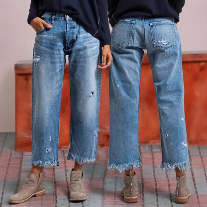 🌞Frühlingserwachen: 50% Rabatt!✨Damen Retro Cropped Straight-Leg Jeans – Mit Riss-Design & Fransen-Saum, Zeitloser Denim-Blau für Streetstyle