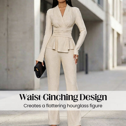 🌞Frühlingserwachen: 50% Rabatt!✨Damen 2-teiliges Peplum-Set – Crossover-V-Ausschnitt & Wickelgürtel, Strukturierter Stoff für Sanduhr-Silhouette
