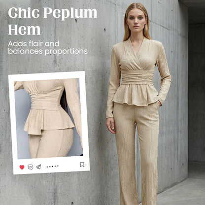 🌞Frühlingserwachen: 50% Rabatt!✨Damen 2-teiliges Peplum-Set – Crossover-V-Ausschnitt & Wickelgürtel, Strukturierter Stoff für Sanduhr-Silhouette