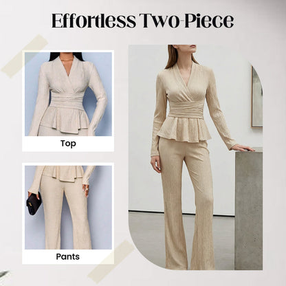 🌞Frühlingserwachen: 50% Rabatt!✨Damen 2-teiliges Peplum-Set – Crossover-V-Ausschnitt & Wickelgürtel, Strukturierter Stoff für Sanduhr-Silhouette