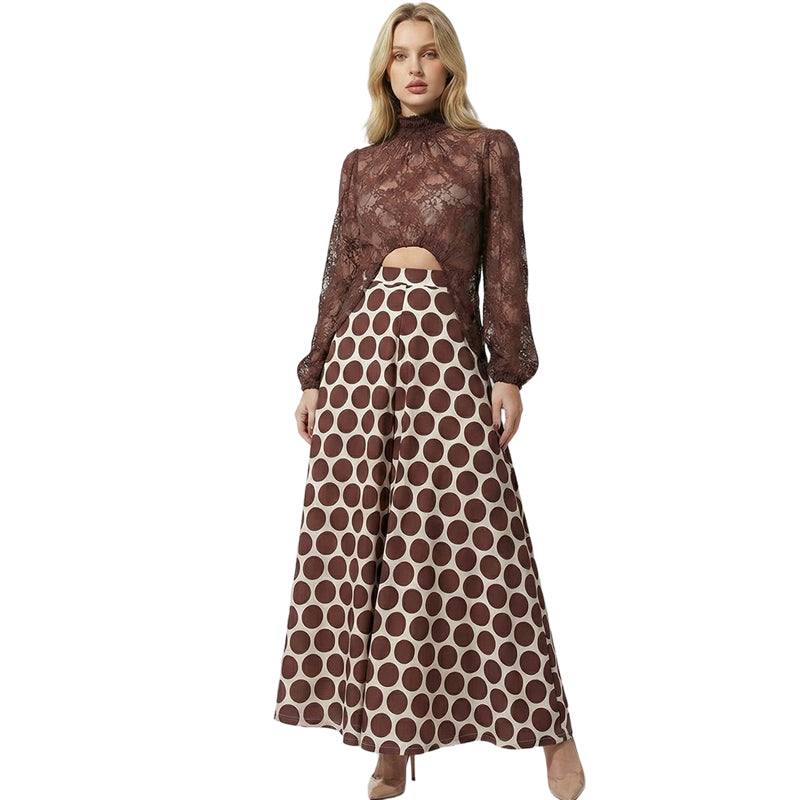 🌞Frühlingserwachen: 50% Rabatt!👗 Damen Elegantes Braun Spitzen-Maxikleid – Hoher Kragen, Taillenausschnitt & Retro-Punkte-Muster