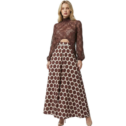🌞Frühlingserwachen: 50% Rabatt!👗 Damen Elegantes Braun Spitzen-Maxikleid – Hoher Kragen, Taillenausschnitt & Retro-Punkte-Muster