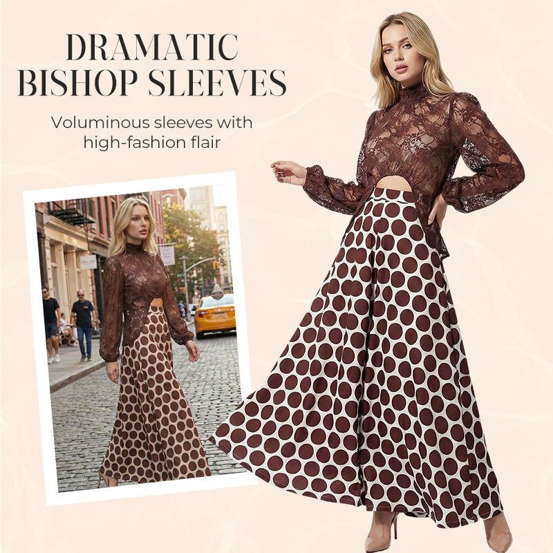 🌞Frühlingserwachen: 50% Rabatt!👗 Damen Elegantes Braun Spitzen-Maxikleid – Hoher Kragen, Taillenausschnitt & Retro-Punkte-Muster