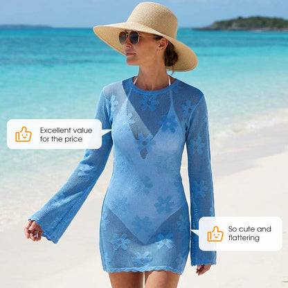 🌞Frühlingserwachen: 50% Rabatt!👙 Damen Blumen-Strick-Überkleid – Langärmelig Durchbrochen, Bikini-Überwurf & Strand-Schutz