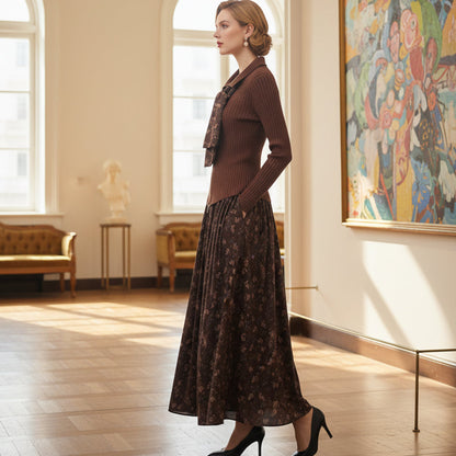 🌞Frühlingserwachen: 50% Rabatt!👗 Damen 2-Teilig Set – Rippstrickoberteil & Florales Maxiroch mit Krawatte