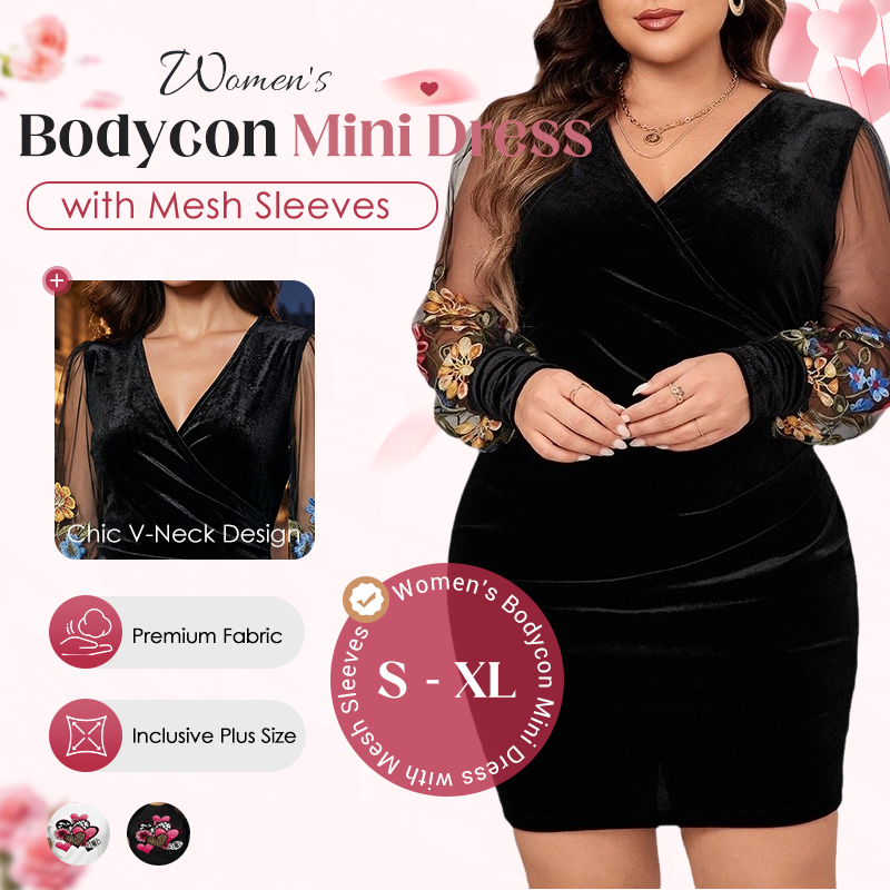 🌞Frühlingserwachen: 50% Rabatt!👗Damen Bodycon-Minikleid mit bestickten Mesh-Ärmeln – Schwarz, Romantisch für Frühling & Dates