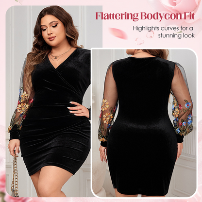 🌞Frühlingserwachen: 50% Rabatt!👗Damen Bodycon-Minikleid mit bestickten Mesh-Ärmeln – Schwarz, Romantisch für Frühling & Dates