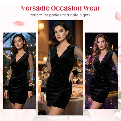 🌞Frühlingserwachen: 50% Rabatt!👗Damen Bodycon-Minikleid mit bestickten Mesh-Ärmeln – Schwarz, Romantisch für Frühling & Dates