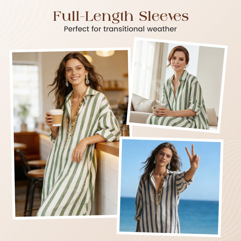 🌞Frühlingserwachen: 50% Rabatt!👗 Gestreiftes Langarm-Hemdkleid – Oversize-Schnitt mit vertikalen Streifen – Aus reiner Baumwolle & mit Seitentaschen