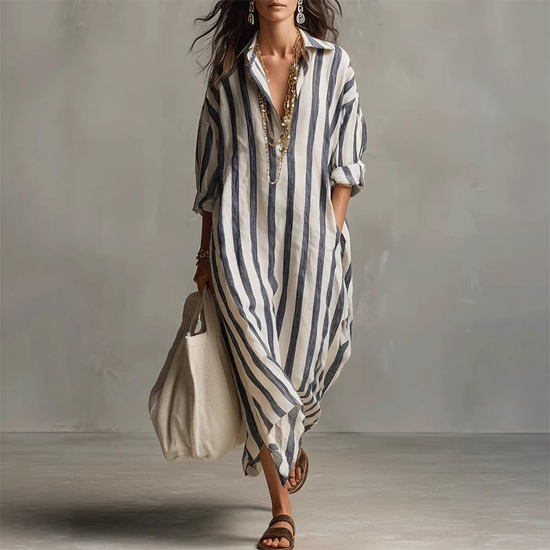🌞Frühlingserwachen: 50% Rabatt!👗 Gestreiftes Langarm-Hemdkleid – Oversize-Schnitt mit vertikalen Streifen – Aus reiner Baumwolle & mit Seitentaschen