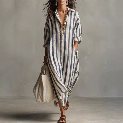 🌞Frühlingserwachen: 50% Rabatt!👗 Gestreiftes Langarm-Hemdkleid – Oversize-Schnitt mit vertikalen Streifen – Aus reiner Baumwolle & mit Seitentaschen