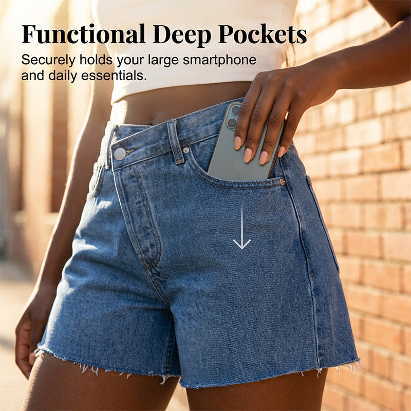 🌞Frühlingserwachen: 50% Rabatt!👖Damen Hohe Taille Jeansshorts – Asymmetrisches Crossover-Design & Ausfranster Saum, Modern & Schlank für Sommer