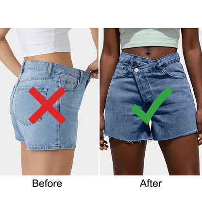 🌞Frühlingserwachen: 50% Rabatt!👖Damen Hohe Taille Jeansshorts – Asymmetrisches Crossover-Design & Ausfranster Saum, Modern & Schlank für Sommer