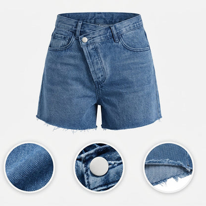 🌞Frühlingserwachen: 50% Rabatt!👖Damen Hohe Taille Jeansshorts – Asymmetrisches Crossover-Design & Ausfranster Saum, Modern & Schlank für Sommer