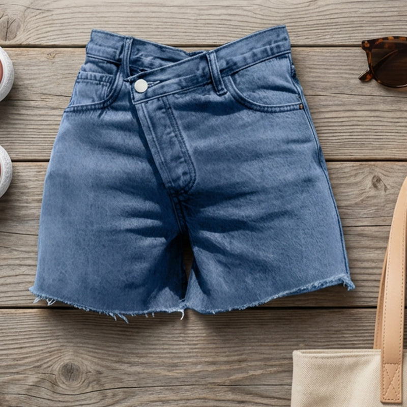 🌞Frühlingserwachen: 50% Rabatt!👖Damen Hohe Taille Jeansshorts – Asymmetrisches Crossover-Design & Ausfranster Saum, Modern & Schlank für Sommer