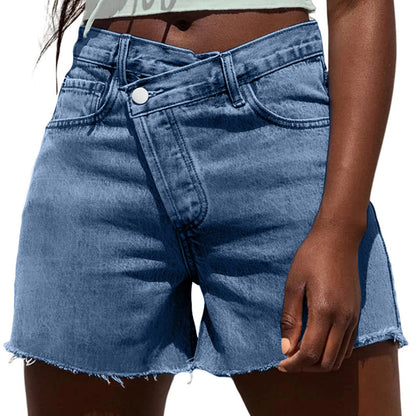 🌞Frühlingserwachen: 50% Rabatt!👖Damen Hohe Taille Jeansshorts – Asymmetrisches Crossover-Design & Ausfranster Saum, Modern & Schlank für Sommer