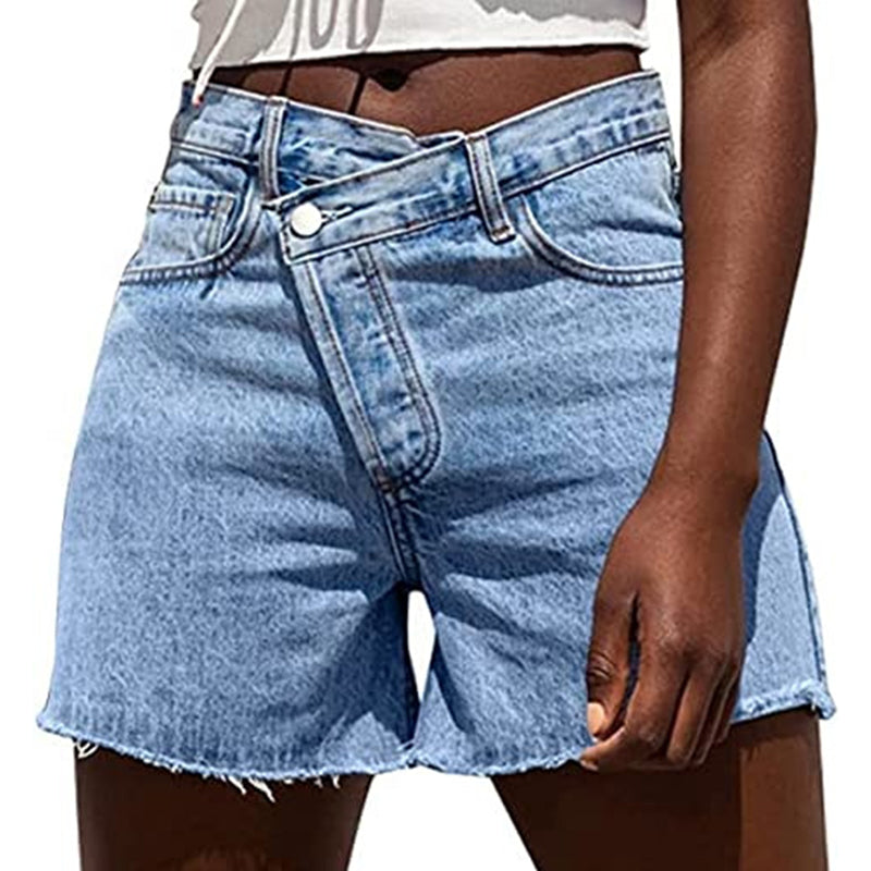 🌞Frühlingserwachen: 50% Rabatt!👖Damen Hohe Taille Jeansshorts – Asymmetrisches Crossover-Design & Ausfranster Saum, Modern & Schlank für Sommer