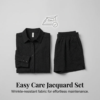 🌞Frühlingserwachen: 50% Rabatt!✨Urban Chic Damen Jacquard Zweiteiler – Puffärmel & Hochtaillierte Shorts, Elegant & Vielseitig für Büro & Abend