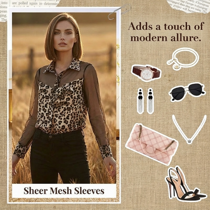 🌞Frühlingserwachen: 50% Rabatt!Statement-Bluse mit Leoparden-Print: Figurbetontes Langarm-Shirt mit Mesh-Details