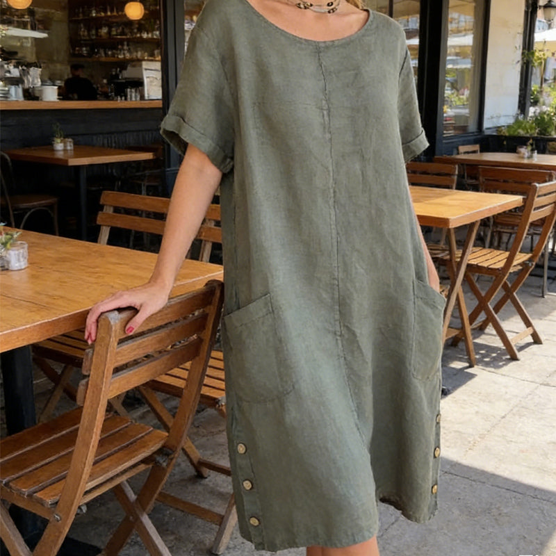 🌞Frühlingserwachen: 50% Rabatt!✨Damen Lässiges Leinen-Optik Tunika-Kleid – Mit Seitentaschen & Seitenknöpfen, 100% Baumwolle für Garten & Alltag