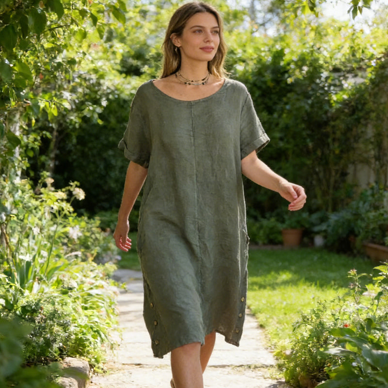 🌞Frühlingserwachen: 50% Rabatt!✨Damen Lässiges Leinen-Optik Tunika-Kleid – Mit Seitentaschen & Seitenknöpfen, 100% Baumwolle für Garten & Alltag