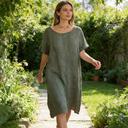 🌞Frühlingserwachen: 50% Rabatt!✨Damen Lässiges Leinen-Optik Tunika-Kleid – Mit Seitentaschen & Seitenknöpfen, 100% Baumwolle für Garten & Alltag