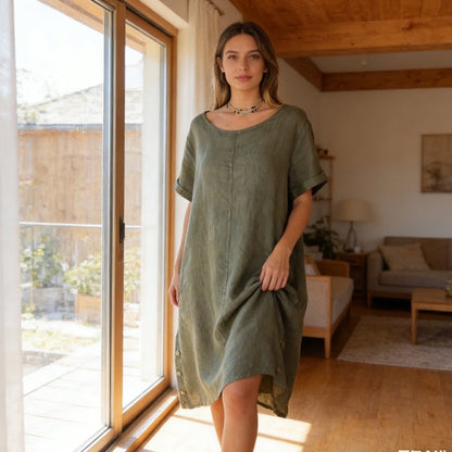 🌞Frühlingserwachen: 50% Rabatt!✨Damen Lässiges Leinen-Optik Tunika-Kleid – Mit Seitentaschen & Seitenknöpfen, 100% Baumwolle für Garten & Alltag