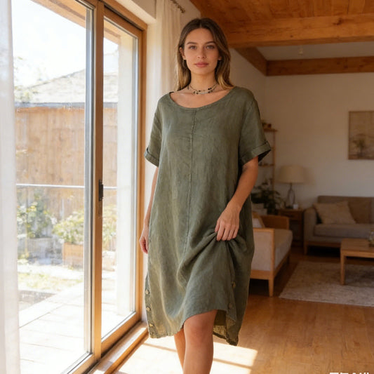 🌞Frühlingserwachen: 50% Rabatt!✨Damen Lässiges Leinen-Optik Tunika-Kleid – Mit Seitentaschen & Seitenknöpfen, 100% Baumwolle für Garten & Alltag