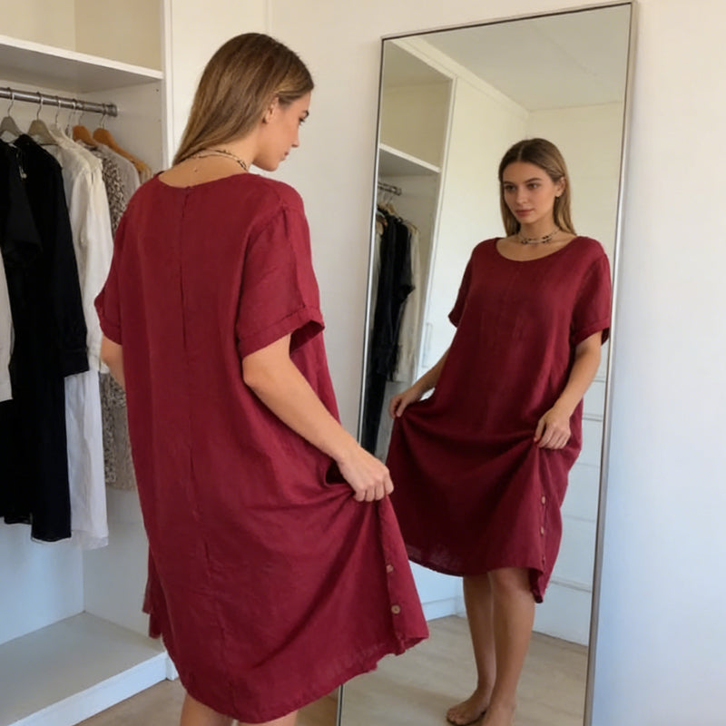 🌞Frühlingserwachen: 50% Rabatt!✨Damen Lässiges Leinen-Optik Tunika-Kleid – Mit Seitentaschen & Seitenknöpfen, 100% Baumwolle für Garten & Alltag