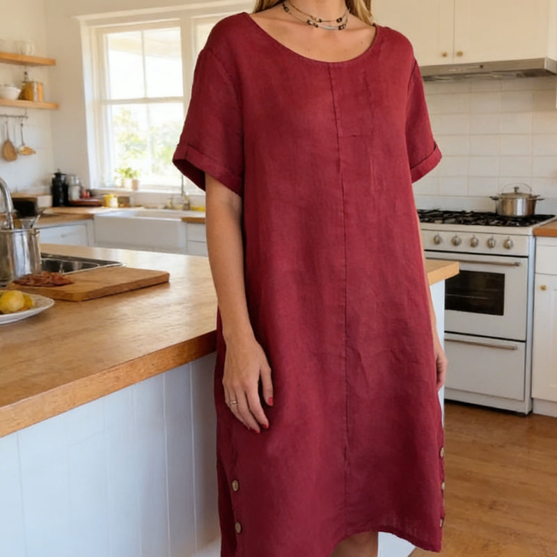 🌞Frühlingserwachen: 50% Rabatt!✨Damen Lässiges Leinen-Optik Tunika-Kleid – Mit Seitentaschen & Seitenknöpfen, 100% Baumwolle für Garten & Alltag